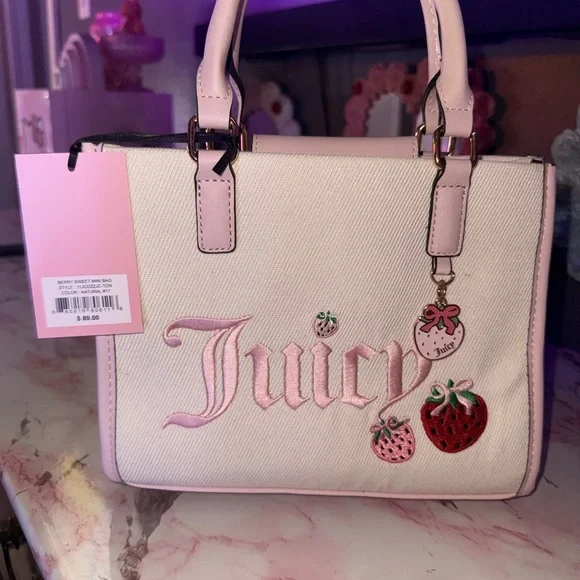 Juicy Couture Berry Sweet Mini Bag Cream & Pink Strawberry Charm Satchel - Picture 4 of 9